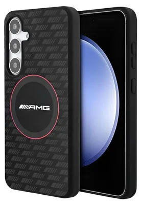 A black phone case with a carbon fiber pattern and an AMG logo is shown on a black background.