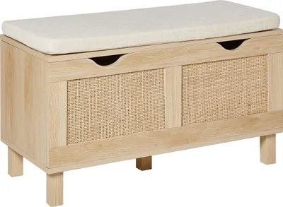 Produktbild von BELIANI Sitzbank mit Stauraum Beige u. Hellbraun Faserplatte u. Stoffbezug Rattan-Fronten Boho Truhenbank Aufbewahrungsbank Polsterbank Bettbank