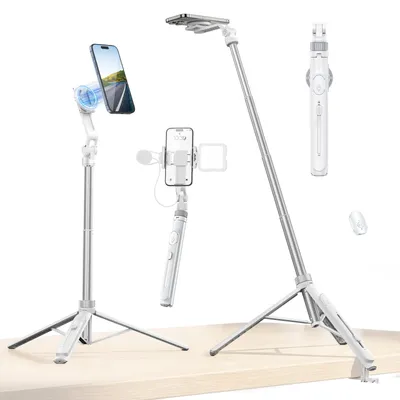 Produktbild von ULANZI TT88 Handy Stativ 145cm, Magnetischer Selfie Stick mit Fernbedienung, Stativ für Smartphone mit 2 in 1 Telefon Clip, 2 Cold Shoe Mount Handystativ Kompatibel für iPhone/Samsung/Huawei – Weiß