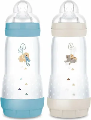 Two baby bottles with cartoon animal designs.