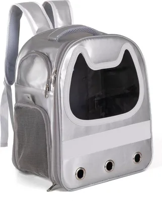 A silver pet carrier backpack with a cat-shaped window.