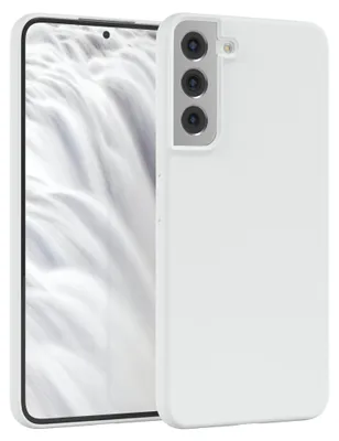 A white smartphone case is shown next to a smartphone.