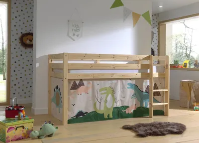 Produktbild von Vipack Halbhohes Bett PINO, mit Textilset "Dino", Ausf. Kiefer massiv natur lackiert