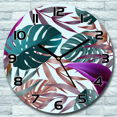 Produktbild von Wanduhr aus Glas Rund fi 30 Blumen lila grün Quarz Deko Schlafzimmer Büro