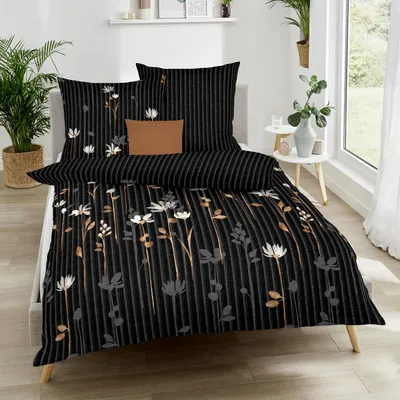 Produktbild von Bettwäsche Kaeppel Satin 542-10 Floral Stripes Blumen schwarz 135x200