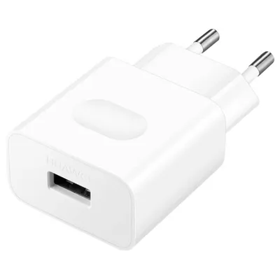 A white Huawei USB charger with a USB-C cable port and European plug prongs.
