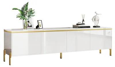 Produktbild von Moderner, hochglänzender TV-Ständer, Vier Schranktüren, Kabelschnittstelle, Goldkantenband, TV-Ständer mit Stauraum für das Wohnzimmer