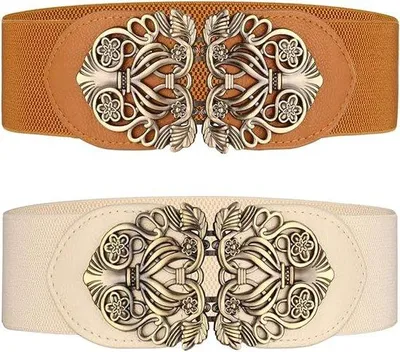 Produktbild von Unyqoos® Damen Breiter elastischer Taillengürtel 2er-Pack, 65 cm (+20 cm dehnbar), 6 cm breit, Kunstlederenden, Retro-Legierungsschnalle, für Taille 66–84 cm
