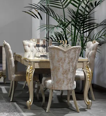 Produktbild von Essecke Luxus Essgruppe Esszimmer Esstisch Stühle Beige Set Holz 5tlg