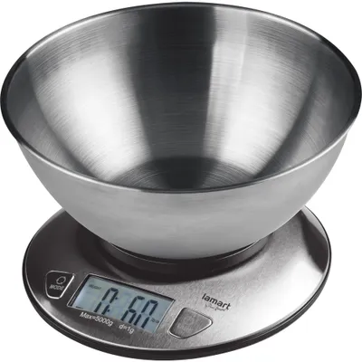 Obrázek produktu pro LAMART LT7070 Kuchyňská nerezová váha s LCD displejem a miskou, miska o objemu 2l, postupné dovažování, váživost do 5kg, přesnost 1g