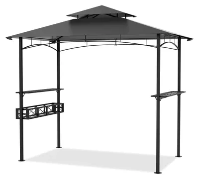 Productafbeelding van NAIZY tuinpaviljoen met grill, voorzien van een dubbel dakontwerp, vlamwerend polyesterdoek, metalen haken en een opbergmand, kleur: grijs