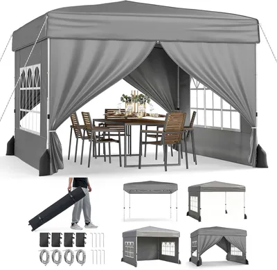 Produktbild von KOMFOTTEU 3x3m Pop-up Pavillon wasserfest, Faltpavillon mit 4 Seitenwänden & 4 Sandsäcken, 3-fach höhenverstellbarer Gartenpavillon mit Rollentasche für Strand, Hochzeit & Camping, Grau