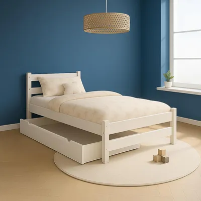 Produktbild von MEBLE WRÓBEL Kinderbett 80x160 cm mit Schublade und Lattenrost - Einzelbett aus Kiefer Massivholz - Kinder Bett Montessori - Jugendbett in Weiß - ohne Matratze