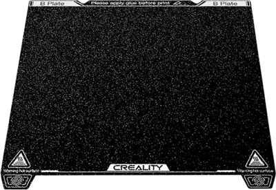 A black textured build plate for a 3D printer, with text and logos visible.