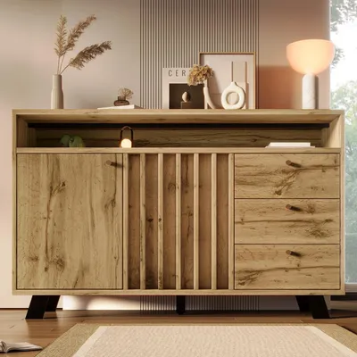 Produktbild von Flieks Kommode Sideboard mit Schubladen und offenen Staufächern, Wohnzimmerschrank Anrichte mit höhenverstellbaren Einlegeböden, Oak