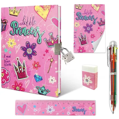 Immagine prodotto di Set da diario per bambine, tema principessa, con lucchetto. Set regalo, 6 pezzi