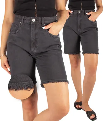 Obrázok produktu pre Dámske džínové šortky FIRI s fringami, 100 % bavlna, strih MOM FIT, čierne, veľkosť 36 S