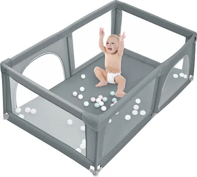 Image de Parc pour bébés Parc 180*120*66cm avec 50 boules avec filet respirant Barrière de sécurité bébé Set gris foncé