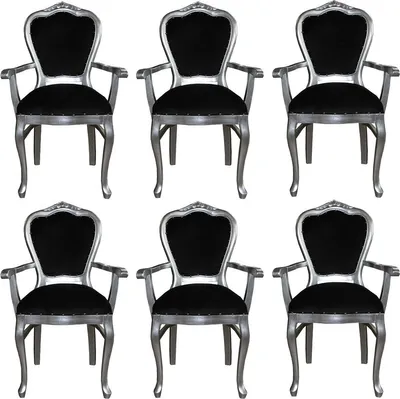 Produktbild von Casa Padrino Luxus Barock Esszimmer Set Schwarz / Silber 60 x 47 x H. 99 cm - 6 handgefertigte Esszimmerstühle mit Armlehnen - Barock Esszimmermöbel
