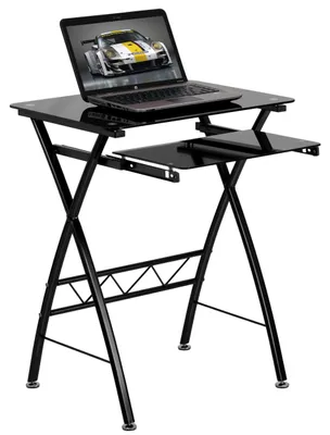 Computertisch mit Glasplatte und Tastaturablage, schwarz
