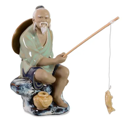 Produktbild von Fischer, Angler Figur, chinesischer Mudman, Vintage Fischer Statue 14cm aus Ton, handgefertigt