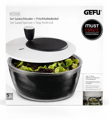 Imagen del producto de GEFU Escurreplatos para ensaladas ROTARE con tapa hermética, modelo 00182, número de artículo 4006664001823