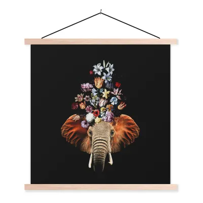 Produktbild von MuchoWow® Textilposter Elefant - Blumen - Farben 60x60 cm mit holzfarbenen Rahmen - Wanddekoration