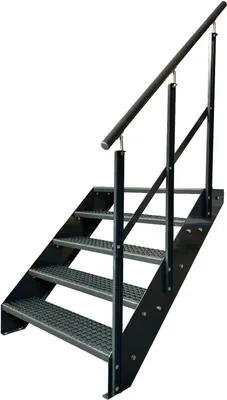 Produktbild von Gitterrost Stahl Wangentreppe 5 Stufen Verzinkt & Anthrazit Pulverlackiert + Geländer Rechts - (L x B x H) 101cm x 140cm x 95cm