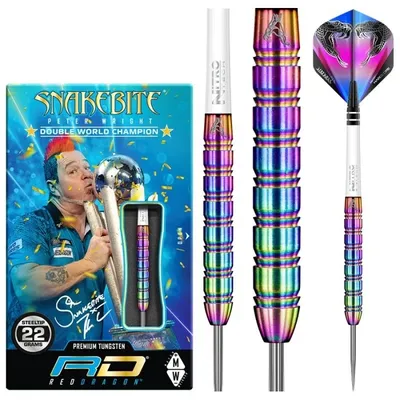 A product shot of a dart set, including the packaging and individual darts, against a white background.