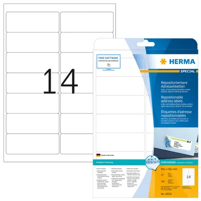 Produktbild von Adressetiketten A4 weiß 99,1x38,1 mm repositionierbar Papier matt 350 St.