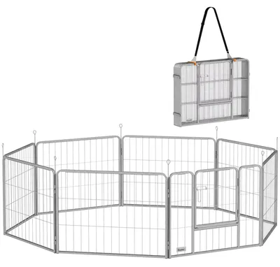 Productafbeelding van Hondenren voor puppy's - 8-delig - Staal - Met deur en riem - Maat S - Zilver