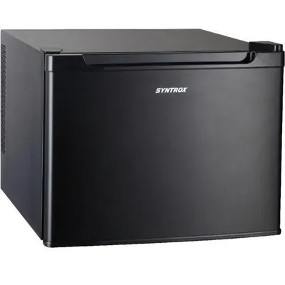 A black mini-fridge is shown against a white background.