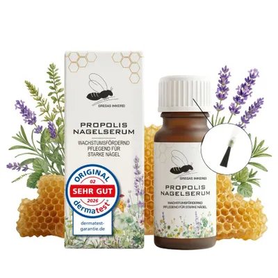 Produktbild von Propolis Nagelserum 10 ml – Intensive Nagelpflege für Finger- und Fußnägel | Derma Test "Sehr gut" | Mit Kräuterextrakten und Pinsel-Applikator
