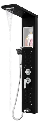 Produktbild von Aufun Duschpaneel aus Edelstahl mit Ablage und Armatur, 5 Funktionen Duschsäule Regen&Nebel, 4 Breitwinkel Verstellbare Massagedüsen, Handbrause und Wasserfall-Wanneneinlauf, Duscharmatur, Schwarz