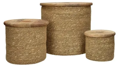 Produktbild von Pomax Dune 3er-Set Korb mit Deckel aus Seegras, Natur, Ø 14/21/30,5 x H 12,5/19/26,5 cm