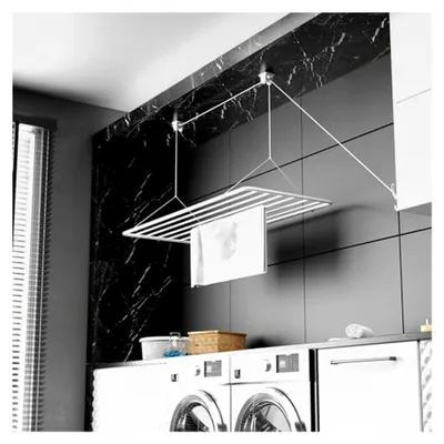 Produktbild von Deckenwäschetrockner 140x50cm, platzsparend mit 11,2m Trocknungsfläche, vertikal zusammenklappbar 2,5m, aus Metall, Weiß