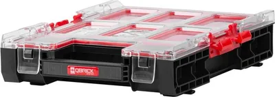 A black and red tool organizer box with a clear lid.