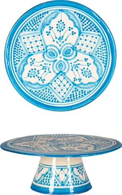 Produktbild von Orientalische Tortenständer Tortenplatte Safroun blau Ø 21cm Groß | farbige marokkanische Keramik Kuchenplatte rund mit fuß bunt aus Marokko | Kuchenständer flach Geschirr orientalisch handbemalt