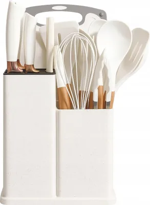 Produktbild von Montessa Küchenhelfer Komplettset, 19-teilig, Silikon-Kochbesteck & Messerblock, Weiß