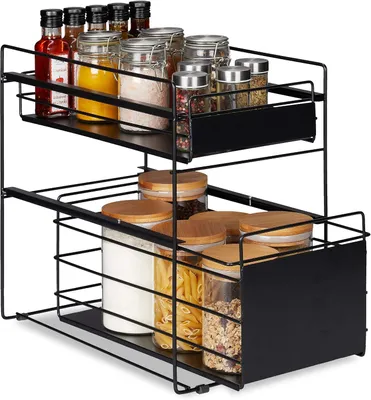 Image de Organisateur de cuisine - 2 paniers - Pour plan de travail - Salle de bain - Petit - Étagère de rangement en métal - 39,5 x 25 x 40,5 cm - Noir