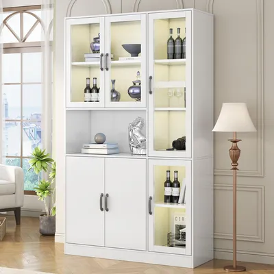Image de OKWISH Vitrine avec Éclairage LED 16 Couleurs et 6 Portes dont 4 en Acrylique - Armoire de Rangement Moderne pour Salon - 120x40x200 cm - Blanc