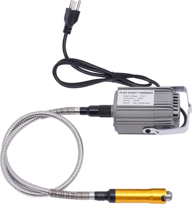 A flex shaft grinder with its motor, power cord, and handpiece is laid out on a white background.
