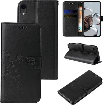 Produktbild von Handyhülle für Apple iPhone XR Floral Blumen Schmetterling Flip Cover Hülle Case Klapphülle Handytasche Farbe: Schwarz