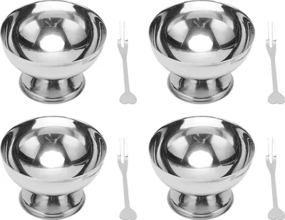 Four stainless steel ice cream bowls with forks are arranged in a grid on a white background.