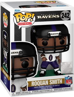 A Funko Pop! vinyl figure of Roquan Smith of the Baltimore Ravens, displayed in its original packaging.