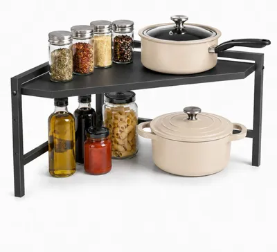 Image de Étagère d'angle DanDiBo pour cuisine, étagère de cuisine, plan de travail, 55x55 cm, étagère pour micro-ondes, noire, 2 niveaux, modèle 96736, étagère d'angle pour micro-ondes