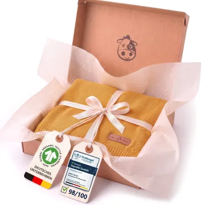 Produktbild von Minky Mooh® Babydecke 94x72 cm aus 100% Baumwolle – Kuscheldecke & Pucktuch für geborene – Gelb