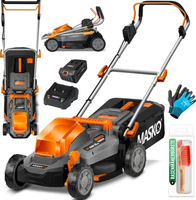 Produktbild von MASKO® Akku Rasenmäher ECO-X10 inkl. 1 oder 2 Akkus Li-Ion Batterie 4 Ah & Doppel-Ladegerät – Rasentrimmer, 25-75mm Schnitthöhenverstellung, 33/37/43cm Schnittbreite, Inkl. Handschuhe & Bürste