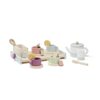 A wooden toy tea set arranged on a tray, including cups, a teapot, and spoons.