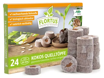 Produktbild von Kokos Quelltöpfe 36 mm | Kokos Quelltöpfe von FLORTUS, Menge (Stück):24 Stück